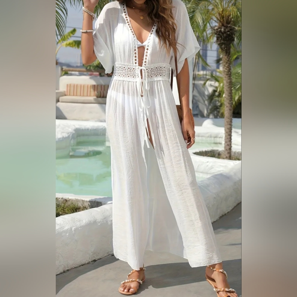 Elegant White Maxi Cover Up Dress with Crochet Details